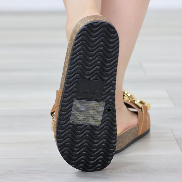 Tan Flat Slip On Sliders Sandal Trendy Comfort Lightweight Gold Hardware - Picture 6 of 12